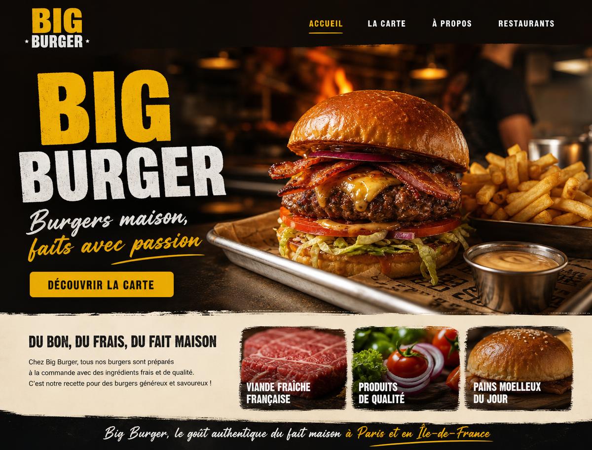 Site internet de Big Burger, restaurant de burgers maison